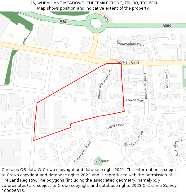 25, WHEAL JANE MEADOWS, THREEMILESTONE, TRURO, TR3 6EN: Location map and indicative extent of plot