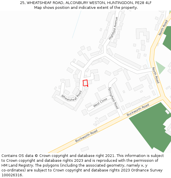 25, WHEATSHEAF ROAD, ALCONBURY WESTON, HUNTINGDON, PE28 4LF: Location map and indicative extent of plot