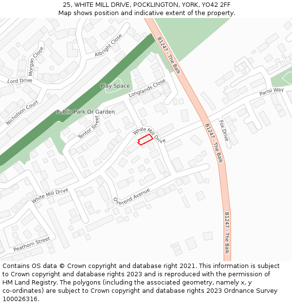 25, WHITE MILL DRIVE, POCKLINGTON, YORK, YO42 2FF: Location map and indicative extent of plot