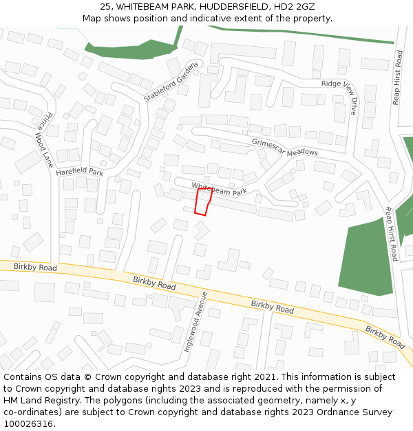 25, WHITEBEAM PARK, HUDDERSFIELD, HD2 2GZ: Location map and indicative extent of plot