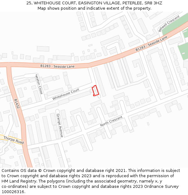 25, WHITEHOUSE COURT, EASINGTON VILLAGE, PETERLEE, SR8 3HZ: Location map and indicative extent of plot