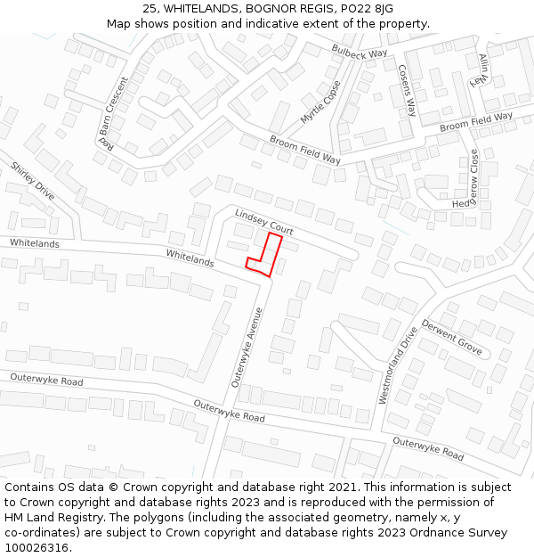 25, WHITELANDS, BOGNOR REGIS, PO22 8JG: Location map and indicative extent of plot