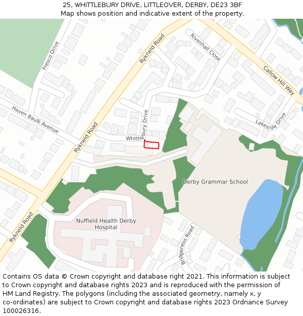 25, WHITTLEBURY DRIVE, LITTLEOVER, DERBY, DE23 3BF: Location map and indicative extent of plot