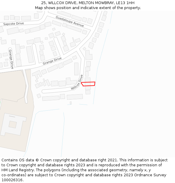 25, WILLCOX DRIVE, MELTON MOWBRAY, LE13 1HH: Location map and indicative extent of plot