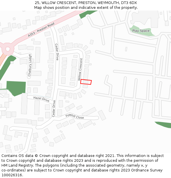 25, WILLOW CRESCENT, PRESTON, WEYMOUTH, DT3 6DX: Location map and indicative extent of plot