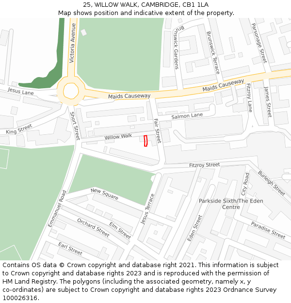 25, WILLOW WALK, CAMBRIDGE, CB1 1LA: Location map and indicative extent of plot