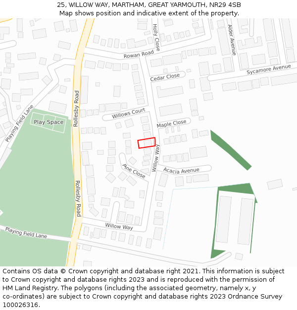 25, WILLOW WAY, MARTHAM, GREAT YARMOUTH, NR29 4SB: Location map and indicative extent of plot