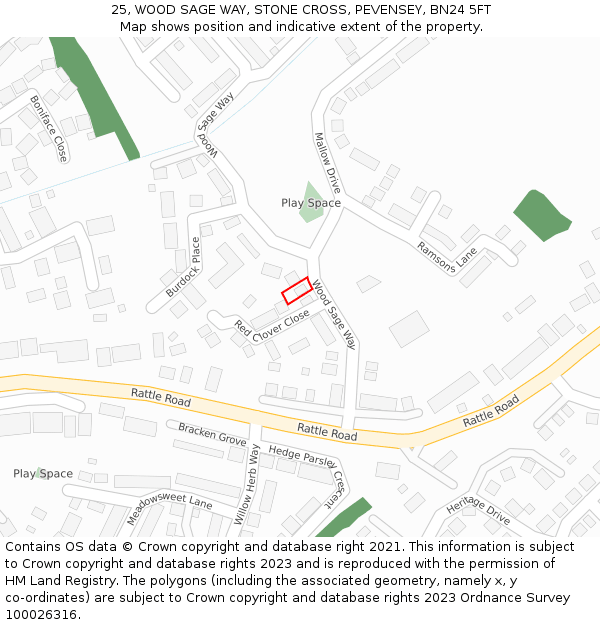 25, WOOD SAGE WAY, STONE CROSS, PEVENSEY, BN24 5FT: Location map and indicative extent of plot