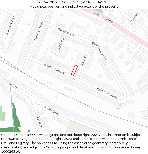 25, WOODFORD CRESCENT, PINNER, HA5 3TZ: Location map and indicative extent of plot