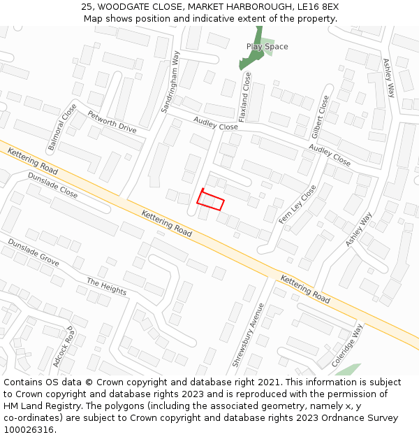 25, WOODGATE CLOSE, MARKET HARBOROUGH, LE16 8EX: Location map and indicative extent of plot
