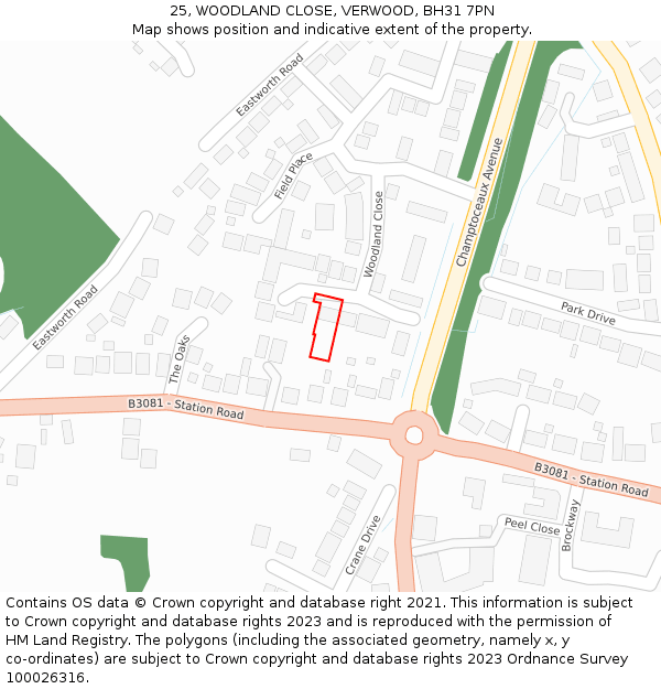 25, WOODLAND CLOSE, VERWOOD, BH31 7PN: Location map and indicative extent of plot