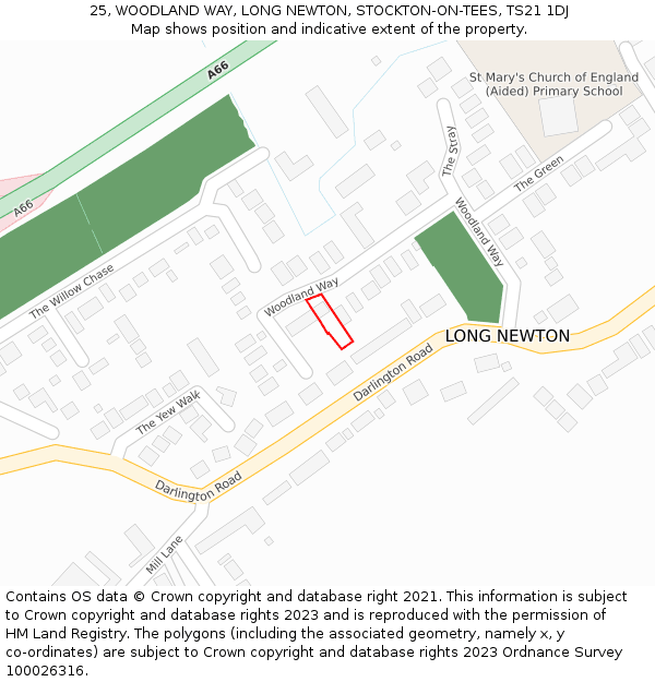 25, WOODLAND WAY, LONG NEWTON, STOCKTON-ON-TEES, TS21 1DJ: Location map and indicative extent of plot