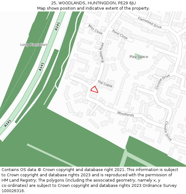 25, WOODLANDS, HUNTINGDON, PE29 6JU: Location map and indicative extent of plot