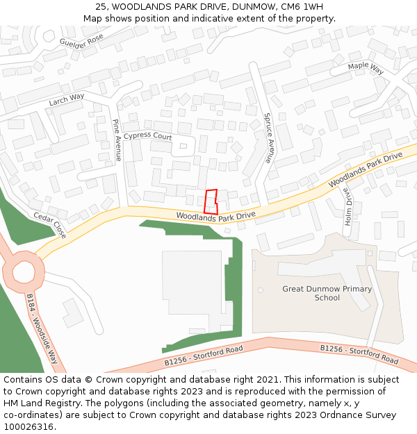 25, WOODLANDS PARK DRIVE, DUNMOW, CM6 1WH: Location map and indicative extent of plot