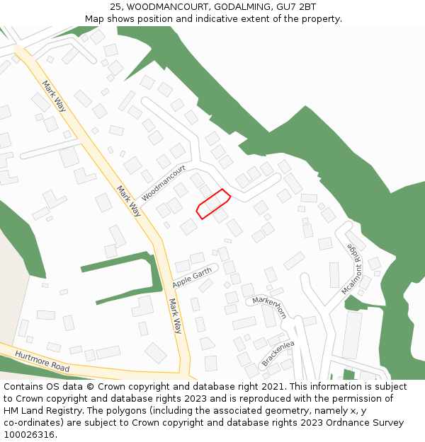 25, WOODMANCOURT, GODALMING, GU7 2BT: Location map and indicative extent of plot