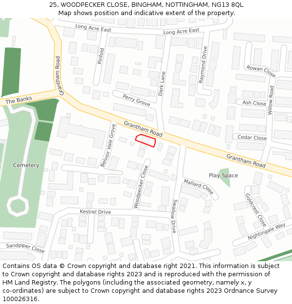 25, WOODPECKER CLOSE, BINGHAM, NOTTINGHAM, NG13 8QL: Location map and indicative extent of plot