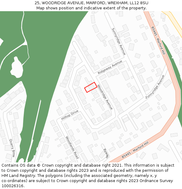 25, WOODRIDGE AVENUE, MARFORD, WREXHAM, LL12 8SU: Location map and indicative extent of plot