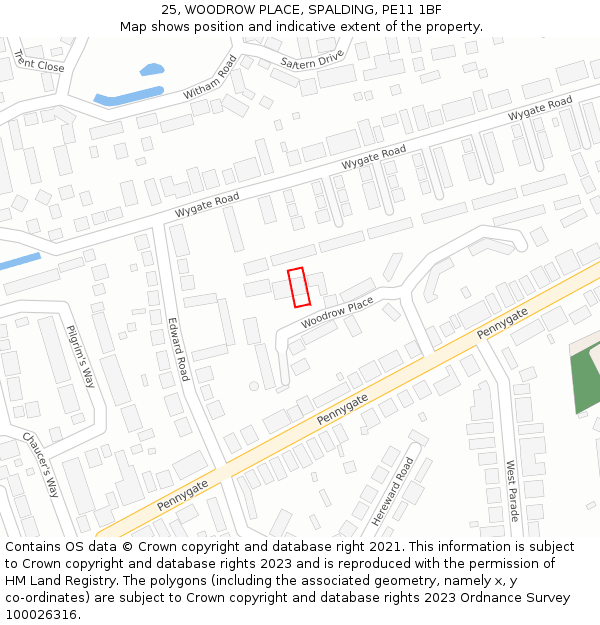 25, WOODROW PLACE, SPALDING, PE11 1BF: Location map and indicative extent of plot