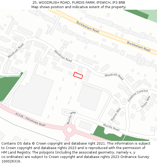 25, WOODRUSH ROAD, PURDIS FARM, IPSWICH, IP3 8RB: Location map and indicative extent of plot