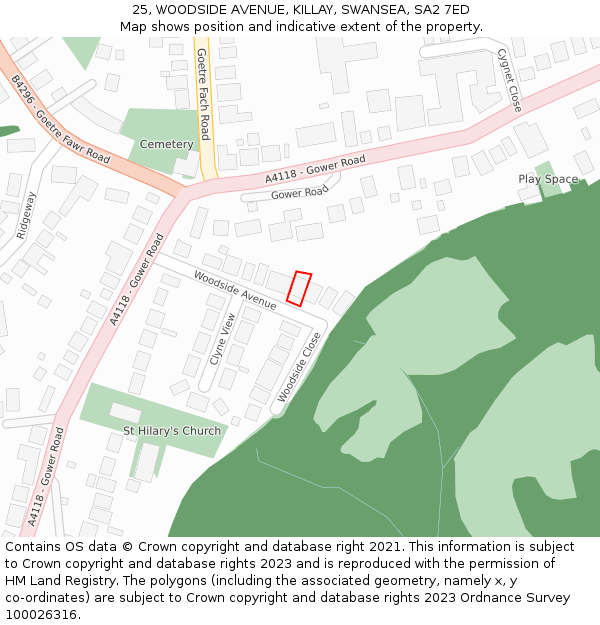 25, WOODSIDE AVENUE, KILLAY, SWANSEA, SA2 7ED: Location map and indicative extent of plot