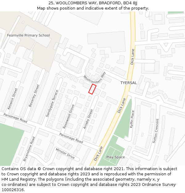 25, WOOLCOMBERS WAY, BRADFORD, BD4 8JJ: Location map and indicative extent of plot