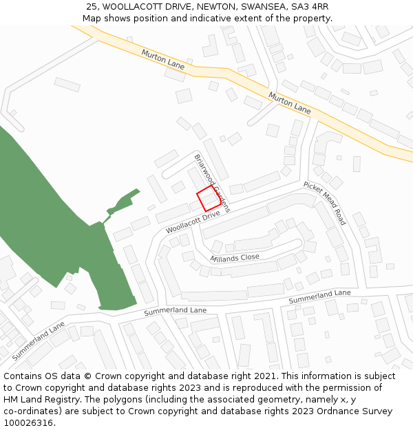 25, WOOLLACOTT DRIVE, NEWTON, SWANSEA, SA3 4RR: Location map and indicative extent of plot