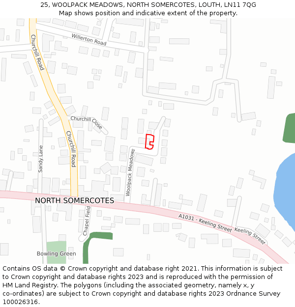 25, WOOLPACK MEADOWS, NORTH SOMERCOTES, LOUTH, LN11 7QG: Location map and indicative extent of plot