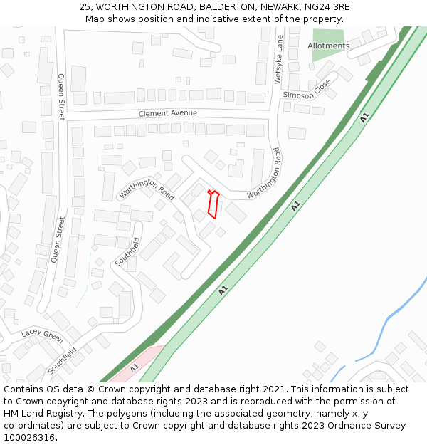 25, WORTHINGTON ROAD, BALDERTON, NEWARK, NG24 3RE: Location map and indicative extent of plot