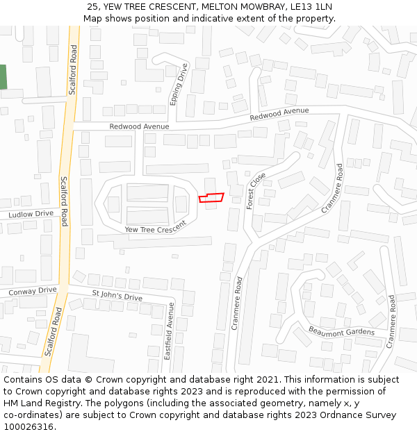 25, YEW TREE CRESCENT, MELTON MOWBRAY, LE13 1LN: Location map and indicative extent of plot