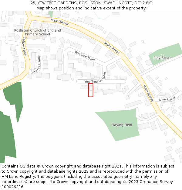 25, YEW TREE GARDENS, ROSLISTON, SWADLINCOTE, DE12 8JG: Location map and indicative extent of plot