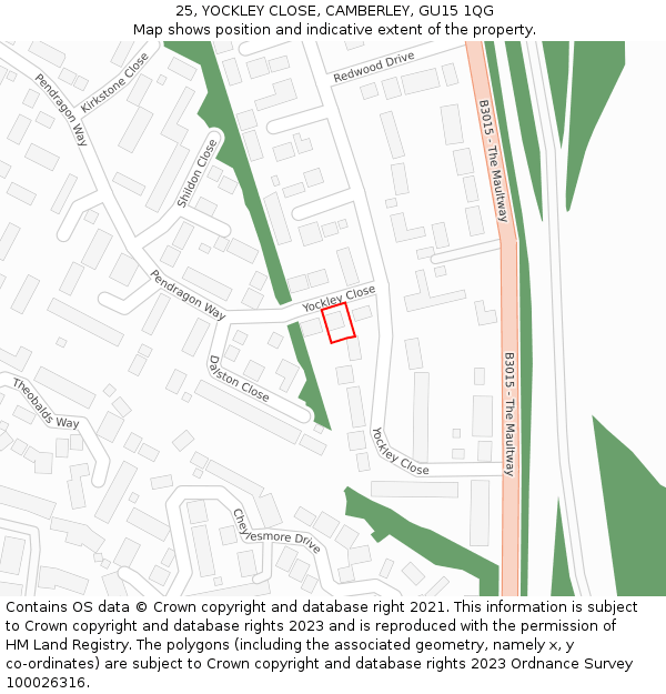 25, YOCKLEY CLOSE, CAMBERLEY, GU15 1QG: Location map and indicative extent of plot