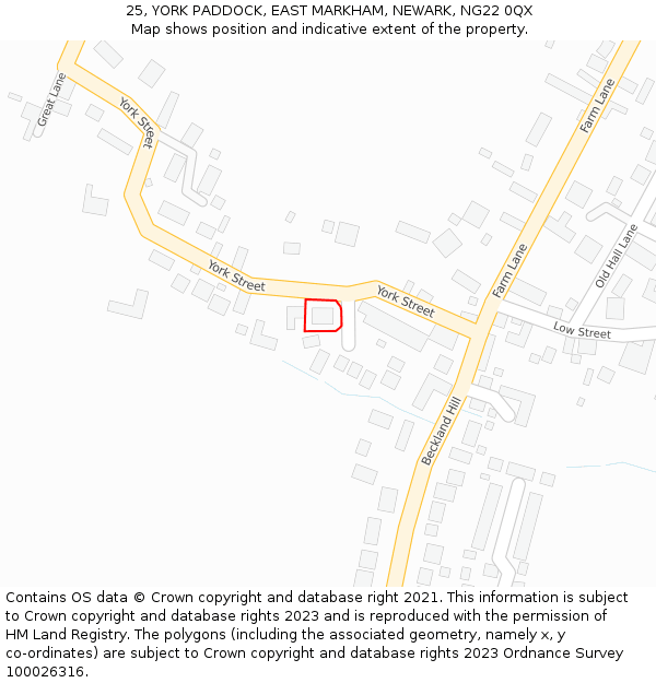 25, YORK PADDOCK, EAST MARKHAM, NEWARK, NG22 0QX: Location map and indicative extent of plot