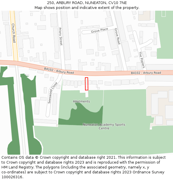 250, ARBURY ROAD, NUNEATON, CV10 7NE: Location map and indicative extent of plot