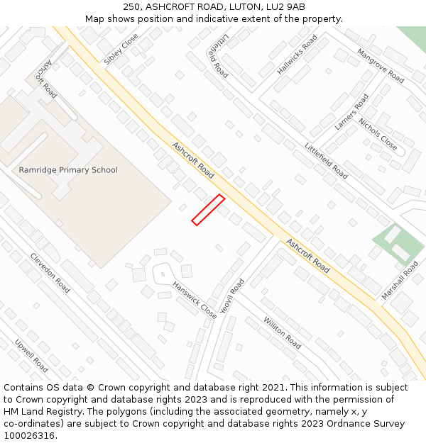 250, ASHCROFT ROAD, LUTON, LU2 9AB: Location map and indicative extent of plot