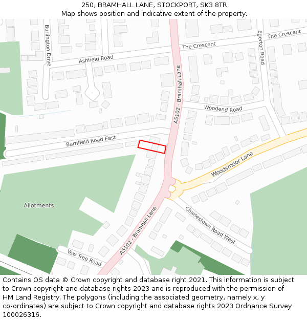 250, BRAMHALL LANE, STOCKPORT, SK3 8TR: Location map and indicative extent of plot