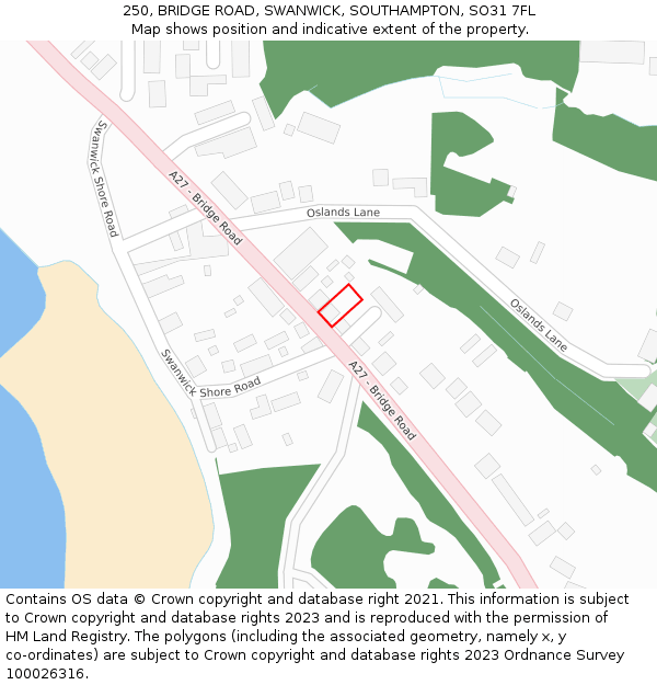 250, BRIDGE ROAD, SWANWICK, SOUTHAMPTON, SO31 7FL: Location map and indicative extent of plot