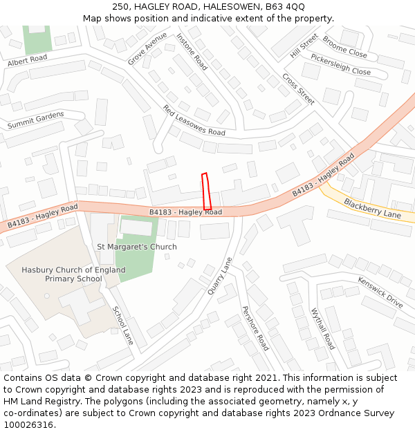 250, HAGLEY ROAD, HALESOWEN, B63 4QQ: Location map and indicative extent of plot