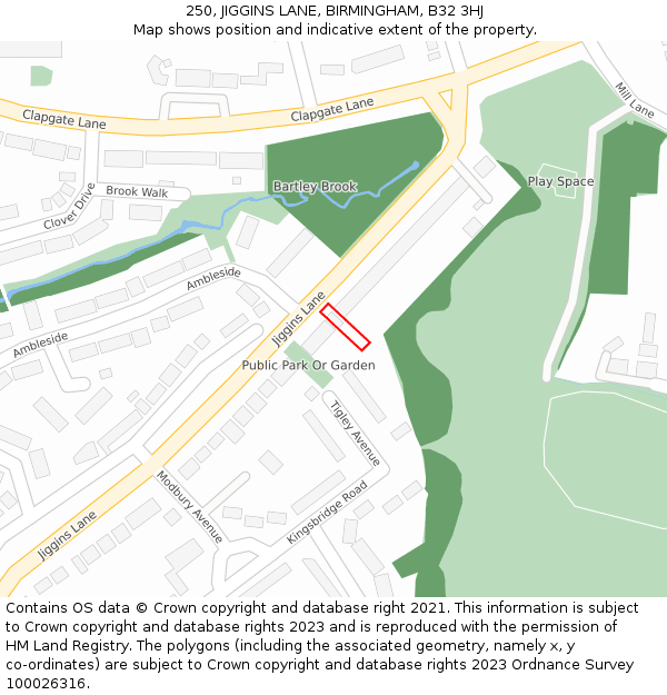 250, JIGGINS LANE, BIRMINGHAM, B32 3HJ: Location map and indicative extent of plot