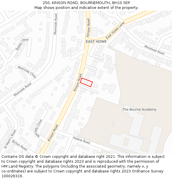 250, KINSON ROAD, BOURNEMOUTH, BH10 5EP: Location map and indicative extent of plot