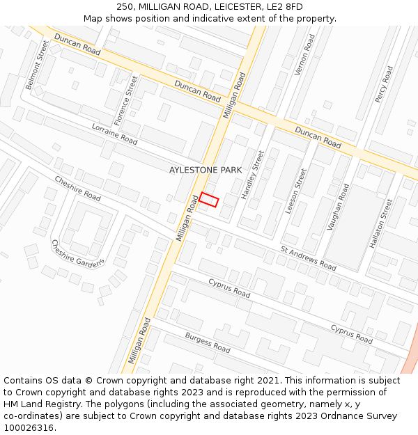 250, MILLIGAN ROAD, LEICESTER, LE2 8FD: Location map and indicative extent of plot