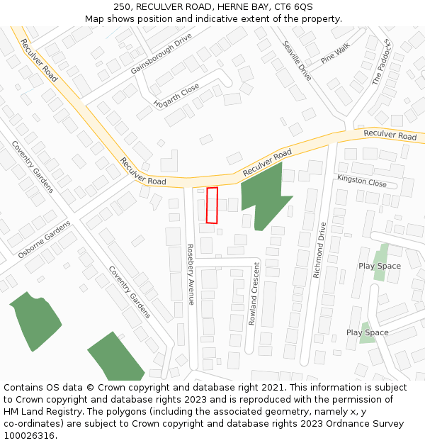 250, RECULVER ROAD, HERNE BAY, CT6 6QS: Location map and indicative extent of plot