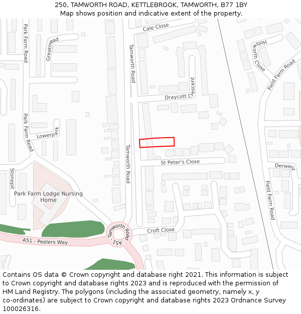 250, TAMWORTH ROAD, KETTLEBROOK, TAMWORTH, B77 1BY: Location map and indicative extent of plot