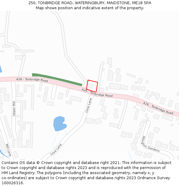 250, TONBRIDGE ROAD, WATERINGBURY, MAIDSTONE, ME18 5PA: Location map and indicative extent of plot