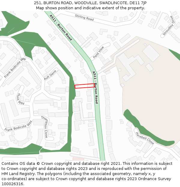 251, BURTON ROAD, WOODVILLE, SWADLINCOTE, DE11 7JP: Location map and indicative extent of plot