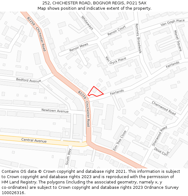 252, CHICHESTER ROAD, BOGNOR REGIS, PO21 5AX: Location map and indicative extent of plot