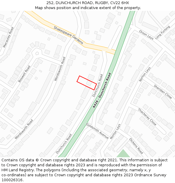 252, DUNCHURCH ROAD, RUGBY, CV22 6HX: Location map and indicative extent of plot