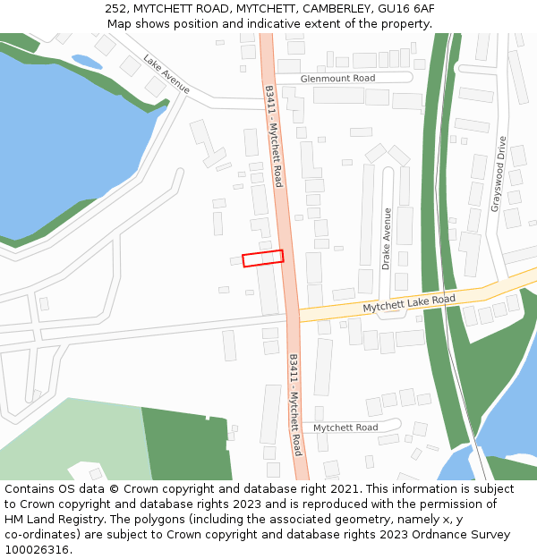 252, MYTCHETT ROAD, MYTCHETT, CAMBERLEY, GU16 6AF: Location map and indicative extent of plot