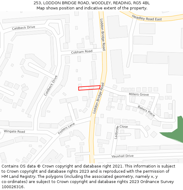 253, LODDON BRIDGE ROAD, WOODLEY, READING, RG5 4BL: Location map and indicative extent of plot