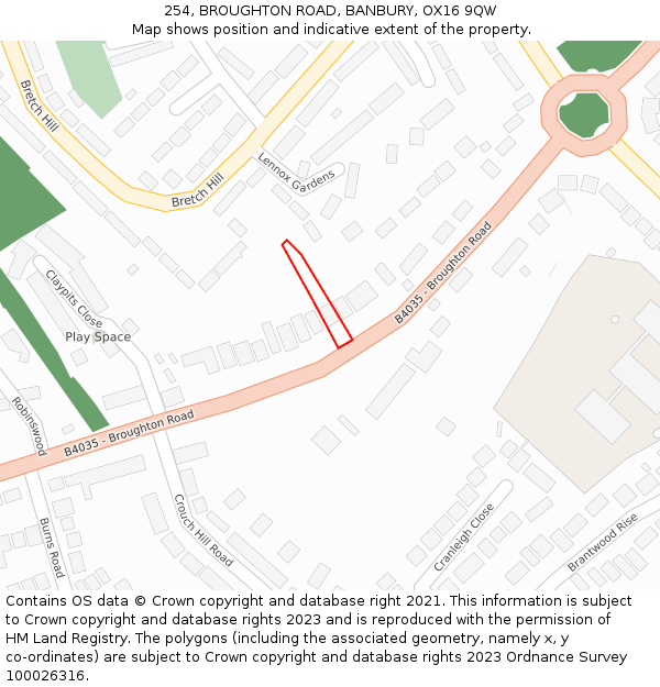 254, BROUGHTON ROAD, BANBURY, OX16 9QW: Location map and indicative extent of plot