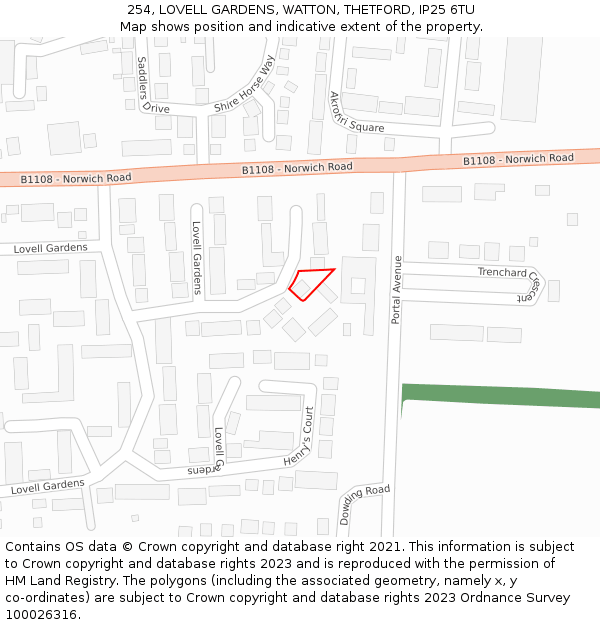 254, LOVELL GARDENS, WATTON, THETFORD, IP25 6TU: Location map and indicative extent of plot